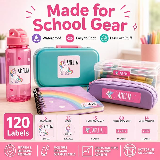 Andaz Press Custom Personalized Waterproof School Name Labels, Unicorn, 120-Pack, Kids Labels Combo Pack, Customizable Multi-Use Name Stickers Personalized Name Stickers Back to School Supplies
