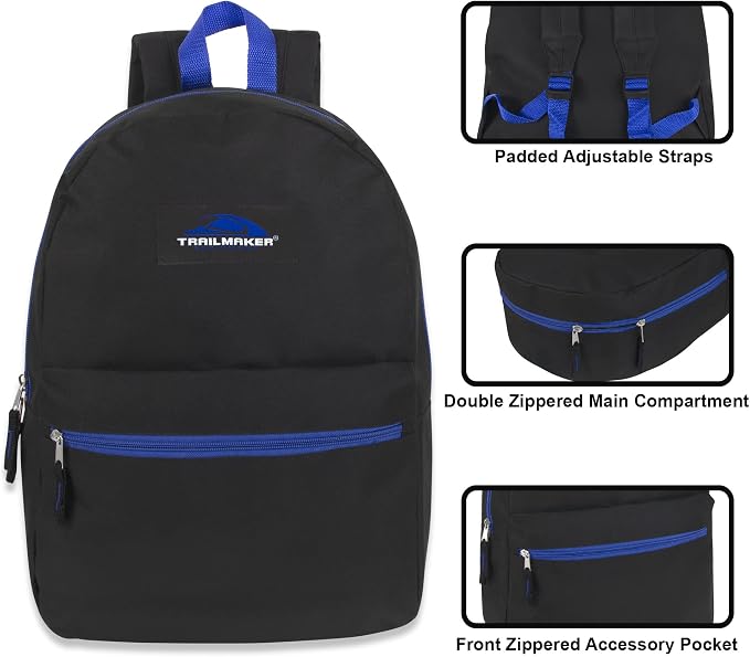 Trail maker 24 Pack- Classic 17 Inch Backpacks in Bulk Wholesale Back Packs for Boys and Girls (Black Color Trim Pack)