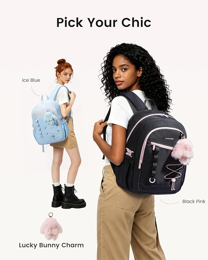 LOVEVOOK School Backpack for Girls, Large Capacity 16 Laptop Backpack with Tumbler Pockets, Multi-Compartment Backpacks with Lucky Bunny Charm, Water-Resistant Travel Backpack, Black Pink