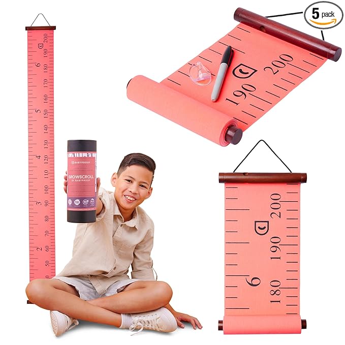 Growscroll Modern Kids Growth Chart for Wall - Unique Height Chart for Boys & Girls - Handcrafted Using Canvas & Hard Types of Wood - Makes A Great Collectible Or Family Heirloom - Coral
