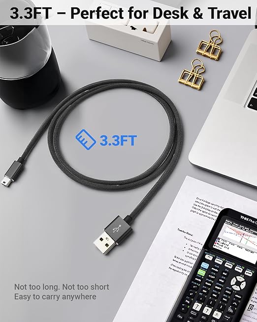 Mini USB Charger Cable for Texas Instruments TI-84 Plus CE/TI-84 Plus C Silver Edition/TI-89/TI-Nspire CX & CX CAS Graphing Calculators, Nylon-Braided 3FT Charging & Data Cord with Cable Tie
