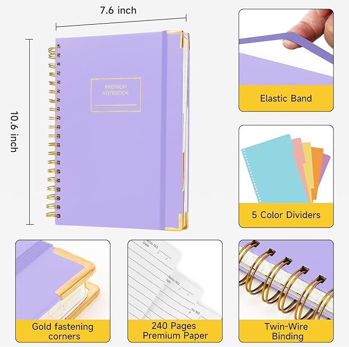 Huhuhero Spiral Notebook Journal, 240 Pages 5 Subject Notebook College Ruled, 7.6" x 10.5", Cute Hardcover Lined Spiral Journals for Work School Writing Women Men, College School Supplies, Purple