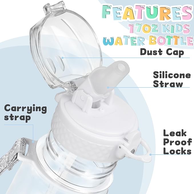 OLDLEY 17oz Kids Water Bottle, Tritan BPA-Free, Leakproof Flip Straw Lid, Motivational Time Marker, Carry Strap, Reusable Clear Water Bottle for Boys & Girls,Clear