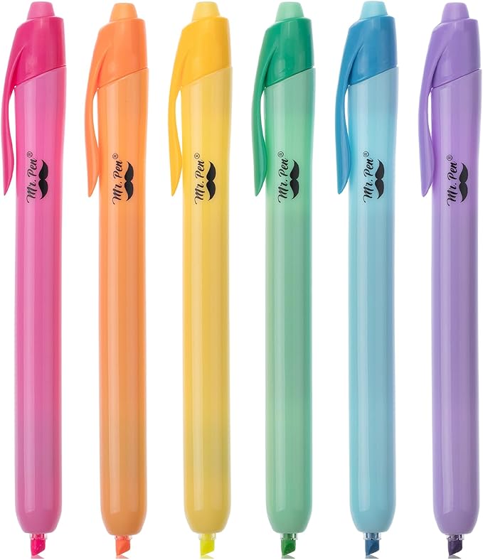 Mr. Pen- Retractable Highlighters, 6 Pack, Bright Colors, Chisel Tip Highlighter Marker Set, Click Highlighter Markers for Classroom, Journaling, Study Supplies, No Bleed On Standard Pages