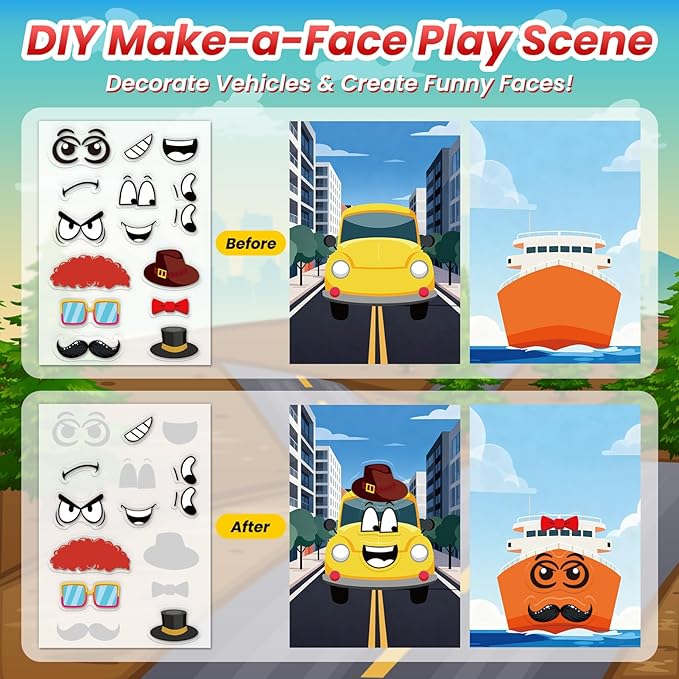 Cars Reusable Sticker Book for Toddlers, DIY Make-a-face Jelly Fun 3D Stickers, Washable Puffy Stickers for Kids Toys, Airplane Road Trip Travel Activities Essentials for Kids 3 4 5 Years