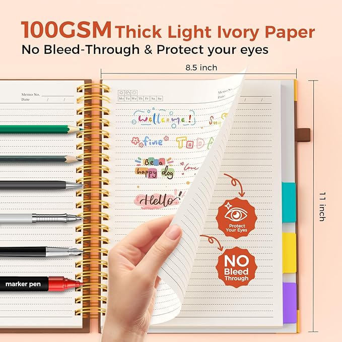 XYark A4 Hardcover Spiral Notebook, 8.5"x11" College Ruled Notebooks with Removable Dividers Tabs & Ruler, 5 Subject Notebook 300 Pages, Large Lined Journal for Women Men School Work Office, Brown
