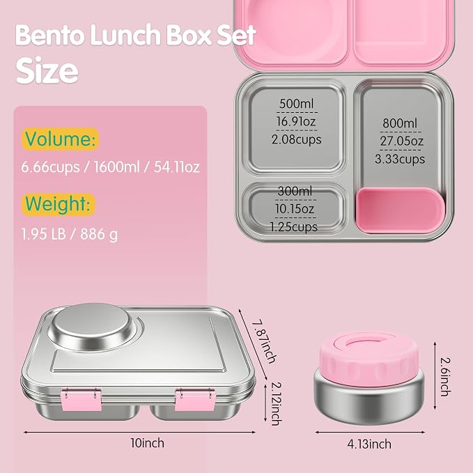 Stainless Steel Bento Box Kids Adult with 8oz Soup Thermo, 3 Compartments Metal Bento Lunch Box with Insulated Food Jar,Lunch Box Container Sauce Cup for School,BPA-Free(Pink)