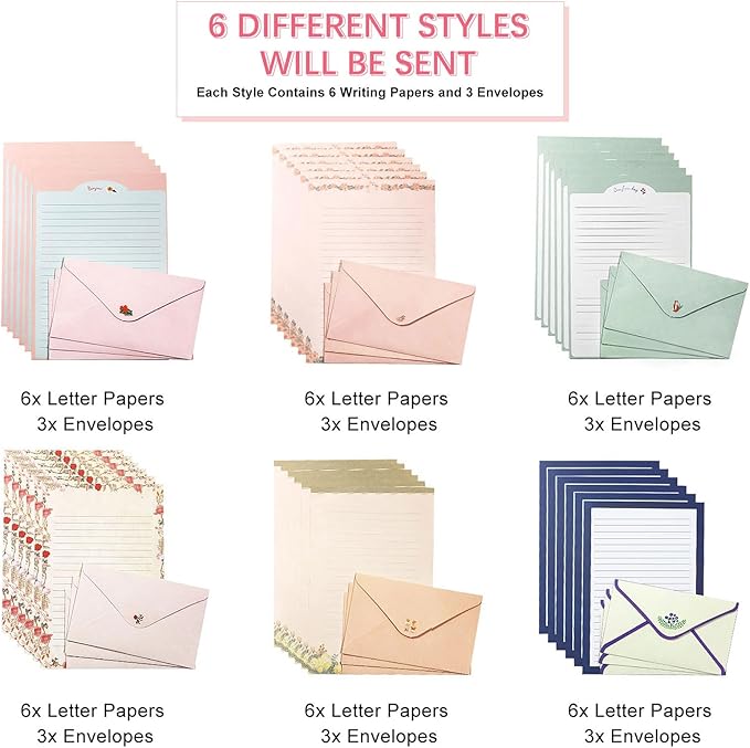 55 Pcs Stationery Paper Envelopes Set Includes 36 Lined Writing Stationery Paper & 18 Envelopes with 48 Round Dot Stickers, Cute Animal Letter Writing Stationary Paper Envelopes (6 Style)