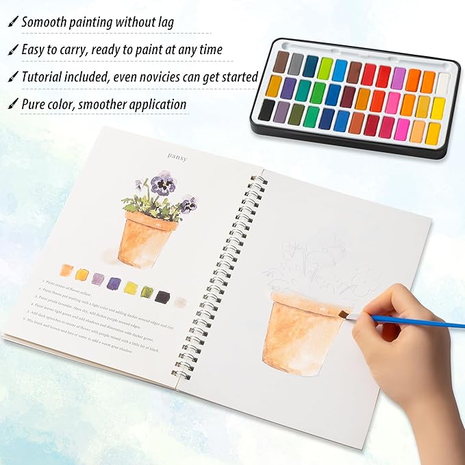 Watercolor Workbook Set with Solid Paint Palette – Guided Painting Pages + 36 Solid Colors – Beginner Friendly Art Practice Book for Home & Classroom Use (Animals)