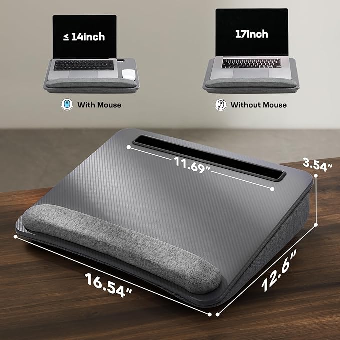 HUANUO Laptop Lap Desk - Portable Lap Desk with Pillow Cushion, Fits up to 15.6 inch Laptop, with Anti-Slip Strip & Storage Function for Home Office Students Use as Computer Laptop Stand - Grey