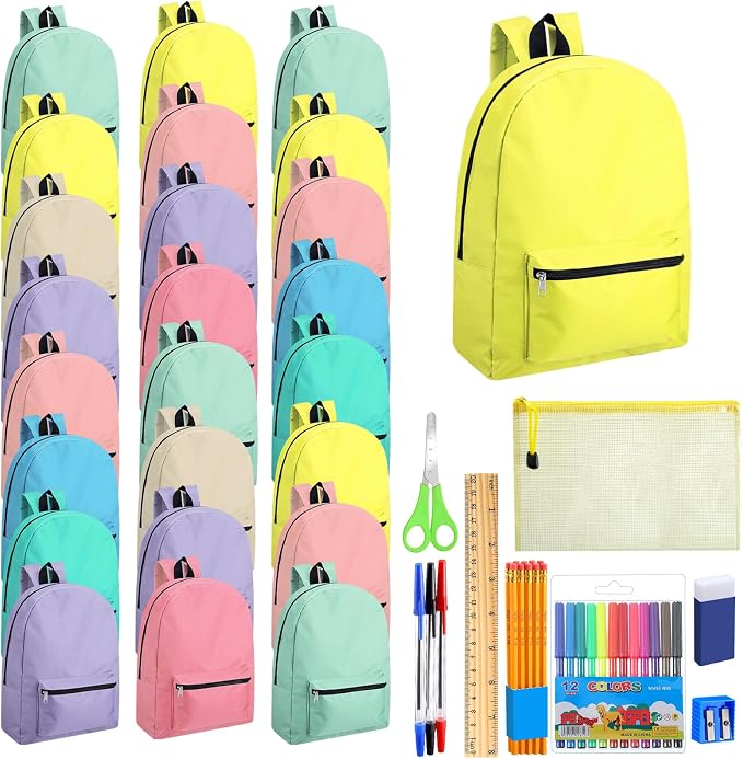 Silkfly 24 Pack 17'' Backpacks Bulk with 24 Stationery Supply Sets, Bookbags and Writing Accessories Kit for Donation(Pastel)