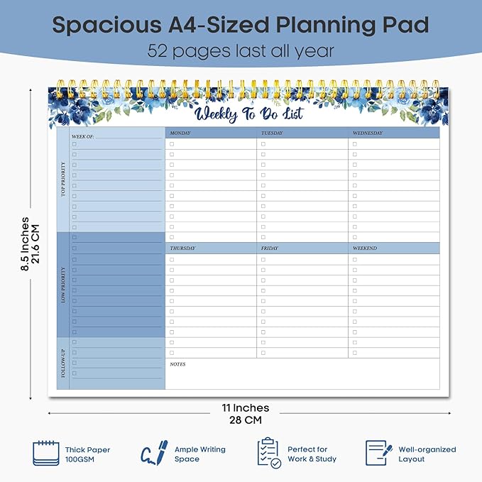 Taja Weekly To Do List Notepad with 52 Undated Sheets（8.5"×11"）- Weekly Desk Planner for Women & Man, Work and Home - 1 Pack Azure Bloom