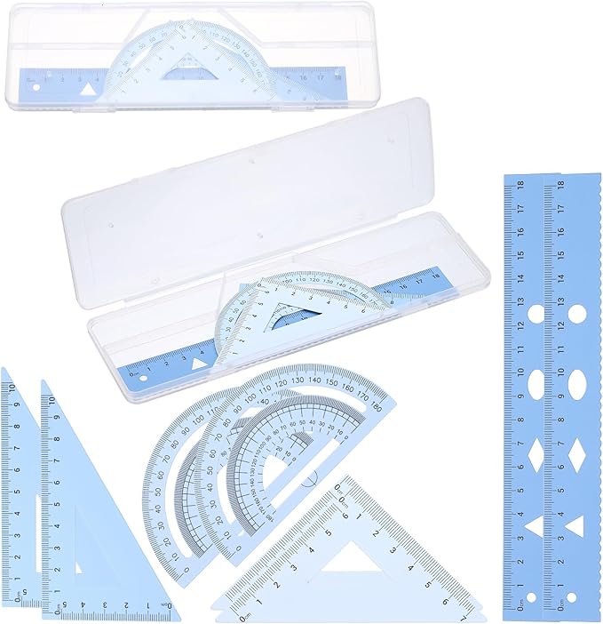 PATIKIL Geometry Set, 2 Pack 7 Inch Aluminum Ruler & 4 Triangles, Metal Protractor Ruler Math Drafting Measuring Tool for Home Office Math Drawing Engineering Art,Gradient Blue