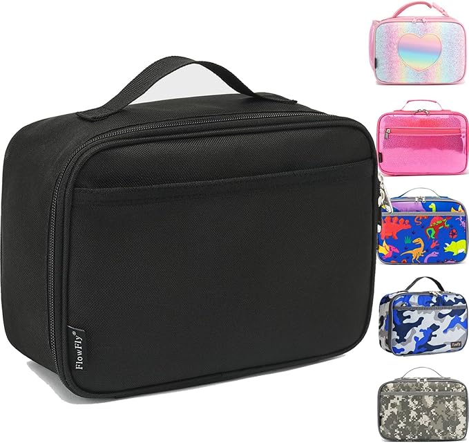 FlowFly Kids Lunch box Insulated Soft Bag Mini Cooler Back to School Thermal Meal Tote Kit for Girls, Boys, Black