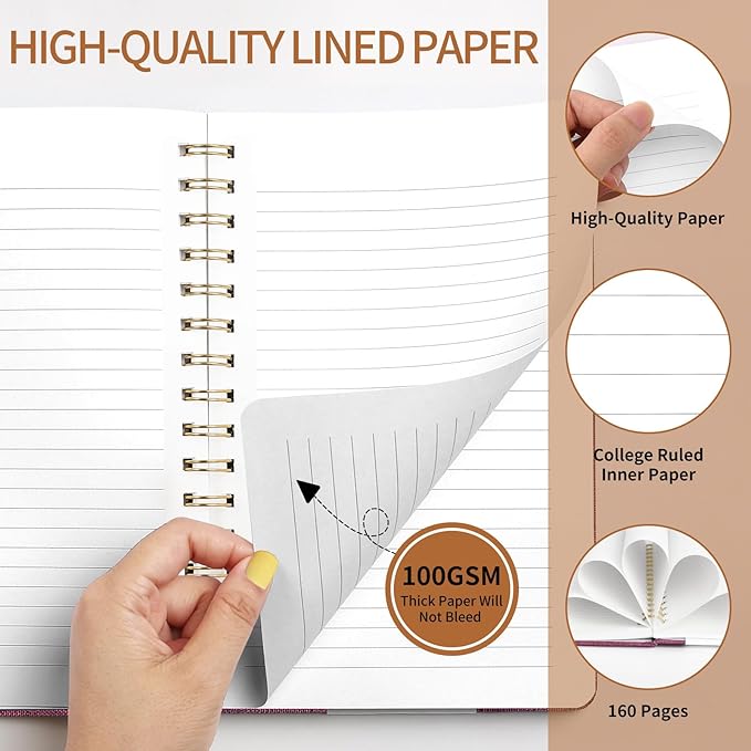 A5 Spiral Notebook – Hardcover Journal 160 Lined Pages 100 GSM Thick Paper With Elastic Band & Pen Holder College Ruled Writing Notebooks for Work School Travel Gray