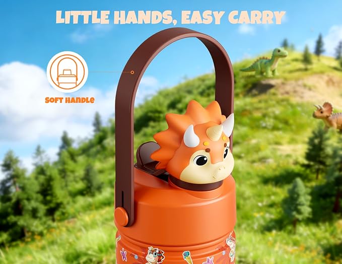 POWCAN 12 oz Kids Water Bottle Insulated: 2-in-1 Straw Spout Lid with Soft Animal Head, BPA-Free, Leakproof, Keep Cold 24H, Backpack Friendly, Stainless Steel Cup for School, Trip, Gift (Sunny Trike)