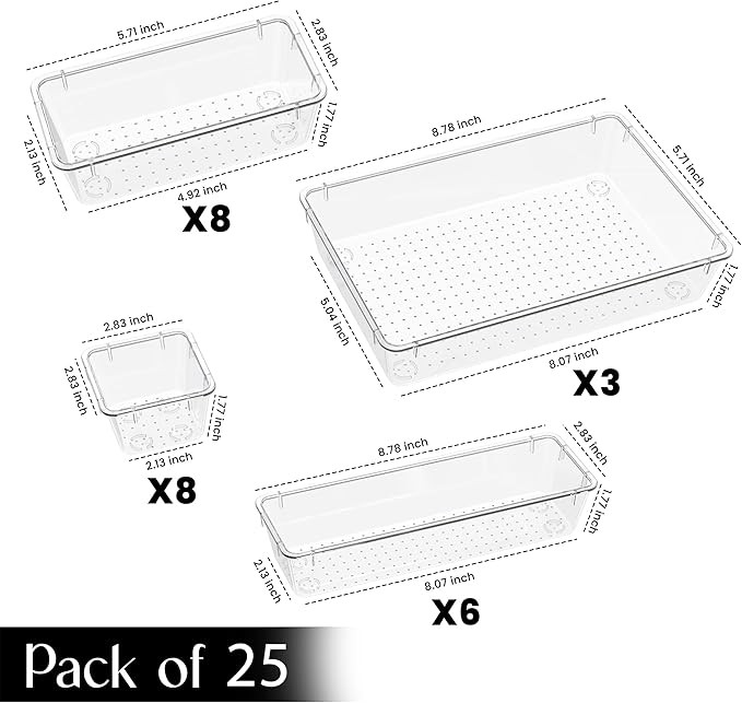 KICHLY 25 Piece Clear Drawer Organizer Set – Multi Size Storage Trays for Bathroom, Vanity, Makeup, Kitchen Utensils, Office & Bedroom - Office Desk Organizers & Caddy