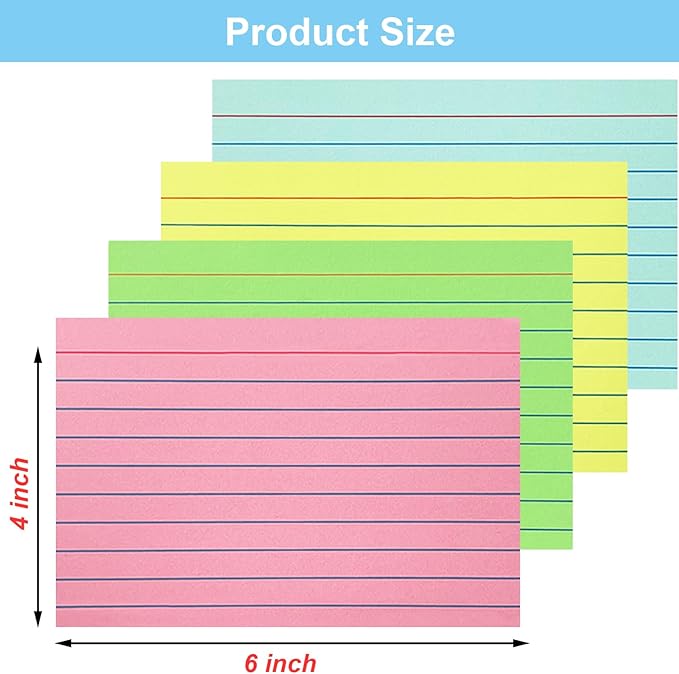 Colored Index Cards 4x6 Ruled, 160 Sheets Flash Cards for Studying, Notecards Recipe Cards 4x6 with Lined Plain Sides, Colorful Flashcards for School Office Home (4 Colors, 40 Sheets per Color)