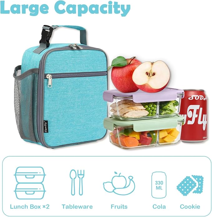 FlowFly Kids Lunch box Insulated Soft Bag Mini Cooler Back to School Thermal Meal Tote Kit for Girls, Boys, Sea Blue