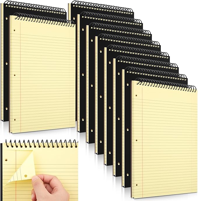 MotiMind 10 Pack 8.5" x 11" Top Spiral Notebook with 3 Hole Punched Yellow Legal Pads College Ruled Notepad 50 Sheets Hard Cardboard Paper Wirebound Notepad for Office School Business