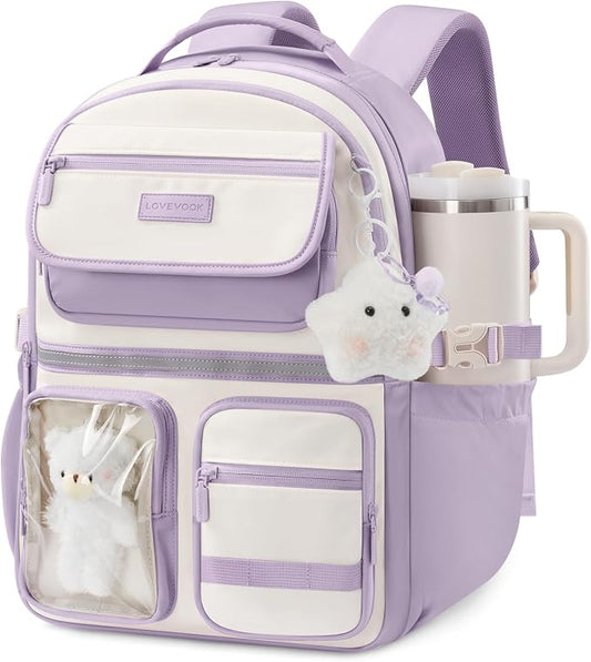 LOVEVOOK School Backpack for Girls, Cute Bookbag for Teen 8-16, DIY Friendly 15.6" Laptop Backpack for Middle High College Student Back to School, Bag with Water Bottle Pocket for Travel,Purple