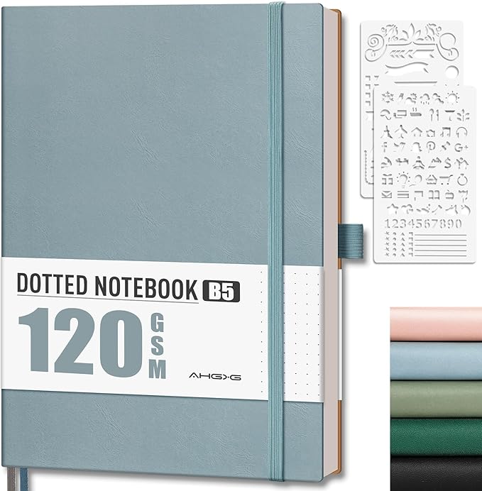 AHGXG Dotted Journal - Dot Grid Notebook Journal, 120 GSM Thick Acid-Free Paper, Large B5 Dotted Notebook 96 Pages, Leather Softcover, Inner Pocket, Journal Stencil, 7.6'' X 10'', Gray Blue