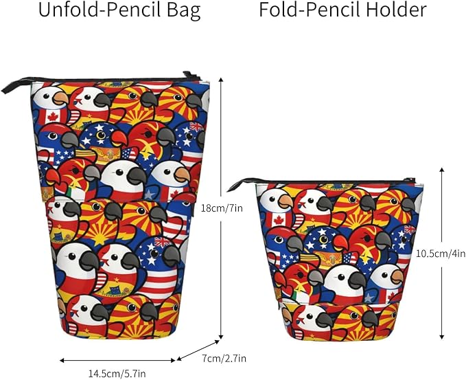 Colored Flag Funny Bird Kids Standing Pencil Case Telescopic Stationary Pouch with Zipper Large Capacity Stand up Pen Bag Portable Makeup Holder for Children School Students Office Supplies