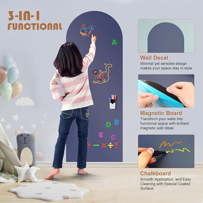 Magnetic Chalkboard for Wall, 47.2" x 18" Magnetic Arch Wall Decal Self Adhesive Blackboard Wallpaper Peel and Stick Chalk Board Wall Decal Roll for Home Playroom Classroom (Dusty Blue)