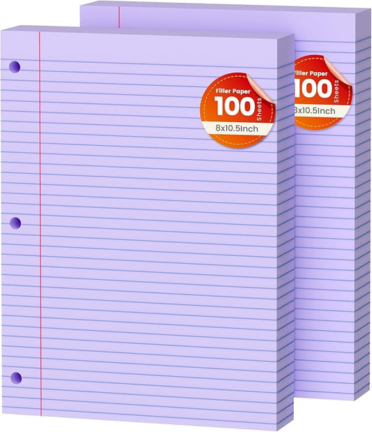 Purple Loose Leaf Paper 200 Sheets Colored Filler Paper 2 Pack 8 * 10.5 College Ruled Paper 3-Hole Punched Paper for 3-Ring Binders Notebook Lined 8" x 10.5"