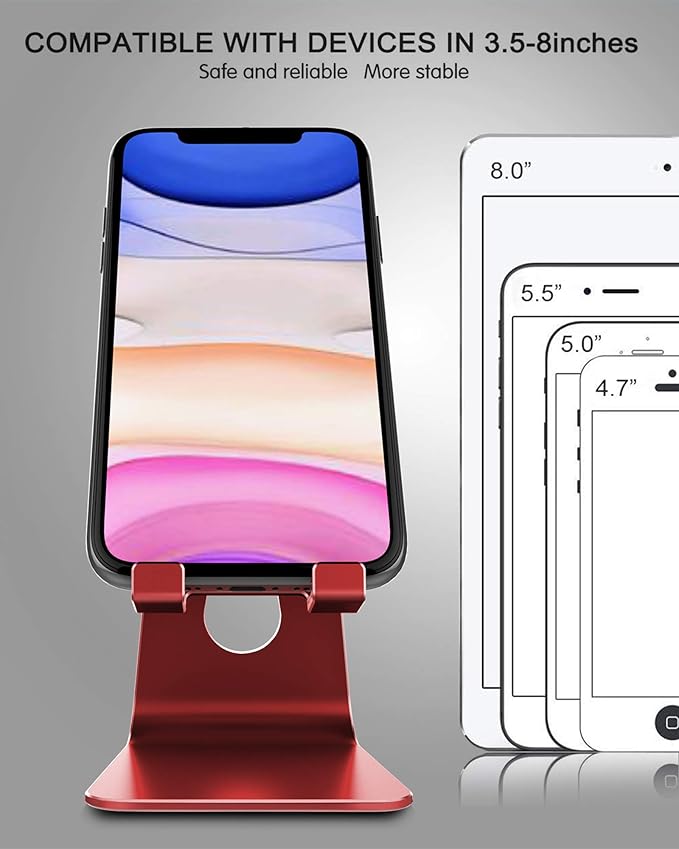 CreaDream Adjustable Cell Phone Stand, Phone Stand, Cradle, Dock, Holder, Aluminum Desktop Stand Compatible with Phone Xs Max Xr 8 7 6 6s Plus SE Charging, Accessories Desk,All Mobile Phones-Red