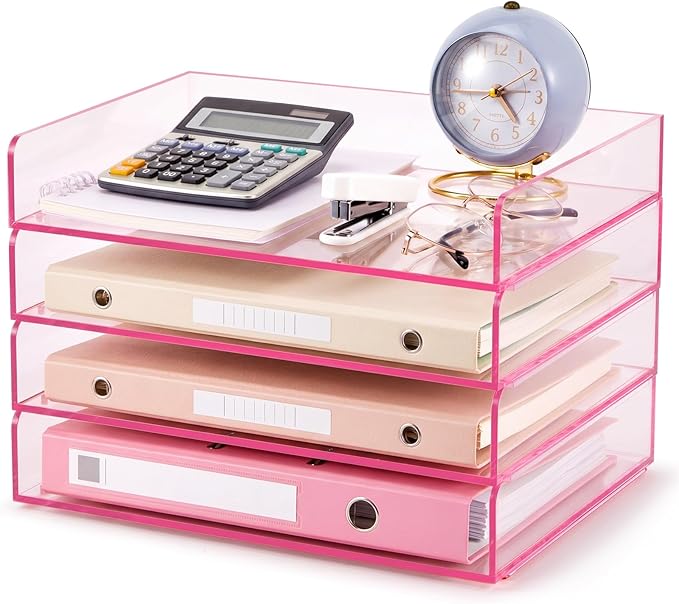 Harloon 4 Tier Clear Hot Pink Acrylic Paper Organizer Letter Tray, Aesthetic Stackable Low Profile Desk File Organizer Modern Heavy Duty Paper Holder Tray for A4, Office Home File Pad Books Notes