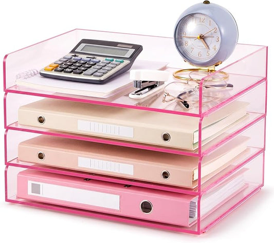 Harloon 4 Tier Clear Hot Pink Acrylic Paper Organizer Letter Tray, Aesthetic Stackable Low Profile Desk File Organizer Modern Heavy Duty Paper Holder Tray for A4, Office Home File Pad Books Notes