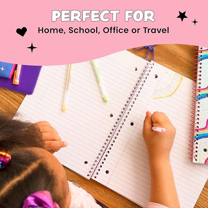 Yoobi College Ruled 8 x 10.5” Spiral Notebook Set – Bulk 6-Pack of 1 Subject Notebooks, Variety of Cute Designs – 100 Perforated 3-Hole Punched Sheets, For School, Office & Home