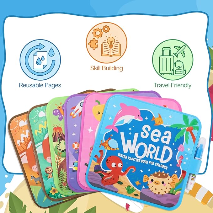 6 Pack Water Painting Book for Toddlers, No Mess Water Coloring Book 7.9x7.9in, Coloring Fun Water Drawing Books Reusable Travel Activity Toys Party Favors Classroom Rewards Gift for Kids Ages 3-6