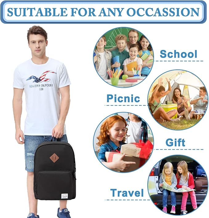 VASCHY School Backpack, Ultra Lightweight Backpack for Men Women Schoolbag Bookbag for Kids Teen Boys Girls Black