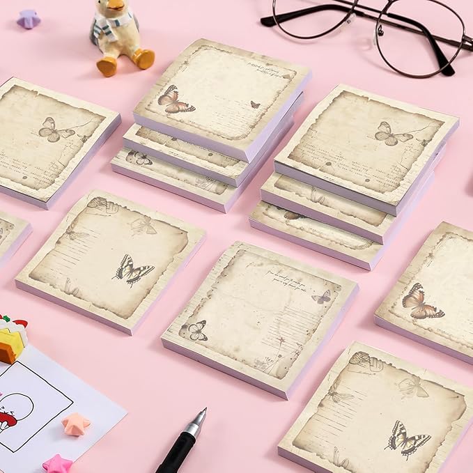 Retro Butterfly 4 Pack/200 Sheets 3x3 inch Sticky Notes Set, Vintage Memo Pads with High-Adhesive, Reusable Tearable Post it Notes for Journal Planners Office School Home, Bulk Stationery Gift