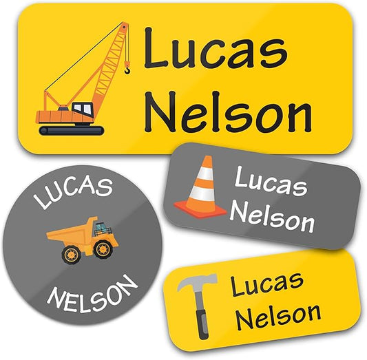 Bunny Badges Personalized Daycare Name Labels for Kids (130 Labels) - Custom Waterproof Name Stickers for Clothing Tags, Water Bottles, Lunch Boxes and School Supplies (Construction)
