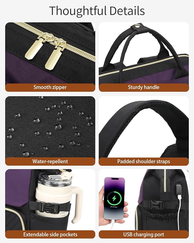 Computer Backpack for Women, Work Bag Laptop Bookbag with Cup Holder & USB Charger for Teacher Nurse College Travel Back Pack, Gifts, Black DarkPurple