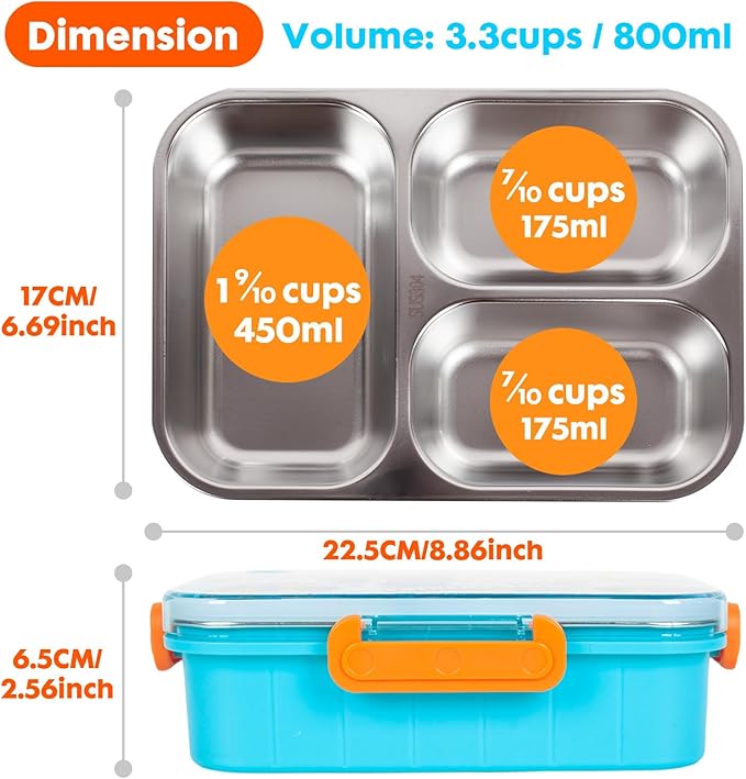 Stainless Steel Bento Lunch Box for Kids, 800ml/27oz BPA-Free Leak-Proof Food Containers with 3 Compartments, Dishwasher Safe, Back to School Students Lunches Size for Ages 3-7