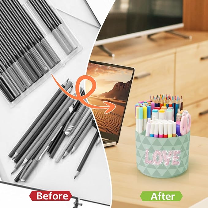 Bling Desk Organizer, Glitter Love Rhinestone Rotating Pencil Pen Holders For Desk,Diamond-Patterned Pen Organizer With 5 Compartments,Stylish Desk Accessories For Office School Home