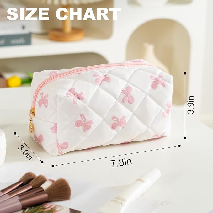 Makeup Bag Travel Toiletry Bag for Women, Small Cosmetic Bags Cute Quilted Cotton Makeup Pouch for Purse Emergency Bag Pencil Case Accessory Bag, Pink Bow