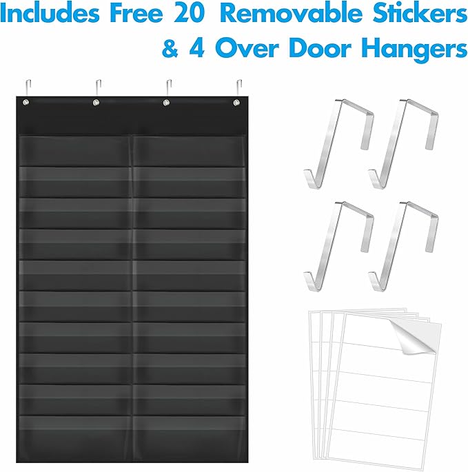 Storage Pocket Chart, Heavy Duty Wall File Organization Folder with 20 Clear File Pockets, 20 Blank Dry-Erase Name Stickers Plus 4 Over Door Hooks for Files, Classroom & Office (Black, 28.5” X 47”)
