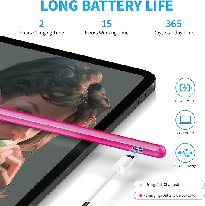 DRYMOKINI Pink Stylus Pen, Active Stylus Pen Touch Screens Compatible for Android and iOS Tablet/Phones, Rechargeable Universal Stylus Pencil Compatible for A-pple/i-Pad/Phone Tablet