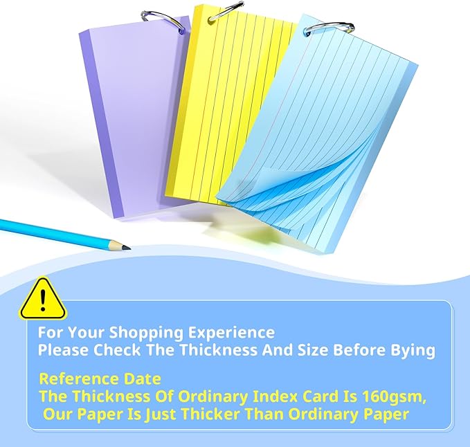 Index Cards 3x5 Inches, 600 PCS, Colored Flash Cards With Ring, Punched Lined Study Card Ruled Flashcards Notecards, Ruled Front And Blank Back, Note Card for School, College And Home