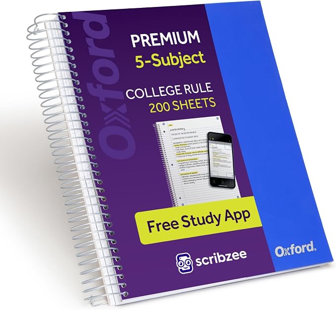 Oxford Spiral Notebook with Free Study App, 5 Subject, College Ruled, Ultra Smooth Paper, No Ink Bleed-Through, Strong Poly Blue Cover, 5 Durable 2 Sided Pockets, 200 Easy Perforated 8.5" x 11" Sheets