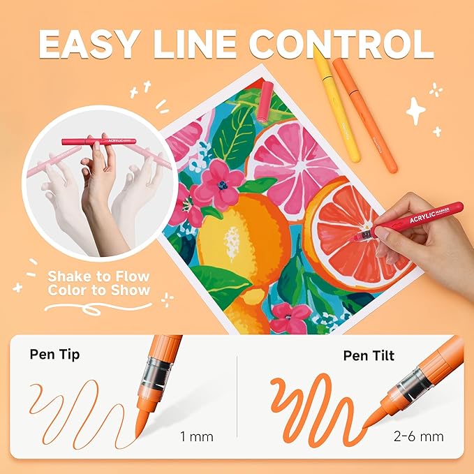 MemOffice Direct Liquid Acrylic Paint Markers, 36 Colors Brush Tip Pens with Carrying Case, No Bleed, Waterproof, for Rock, Wood, Canvas, Glass, Fabric, DIY Crafts for Adults