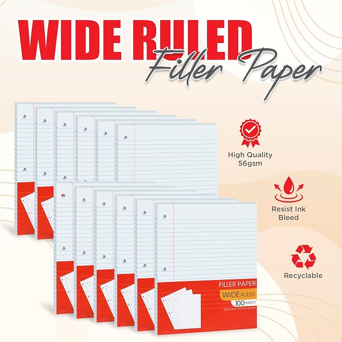 Notebook Paper Wide Ruled, Loose Leaf Paper Wide Ruled Notebook Paper Bulk, Lined Filler Paper for 3 Ring Binders - 10.5” X 8", for Student, College, School Classroom - 100 Sheets/Pack (12 Pack)