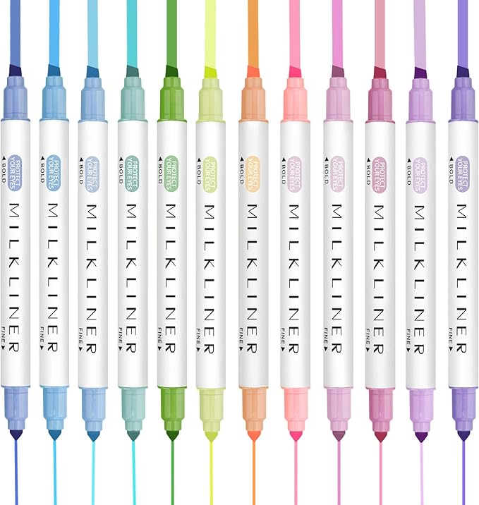 YOOUSOO 12 Pcs Aesthetic Highlighters Assorted Colors, Pastel Highlighters Set Unique Retro Color, Quick Dry Dual Tip No Bleed Highlighter Markers for School Office Bible Journals Planners Books Notes