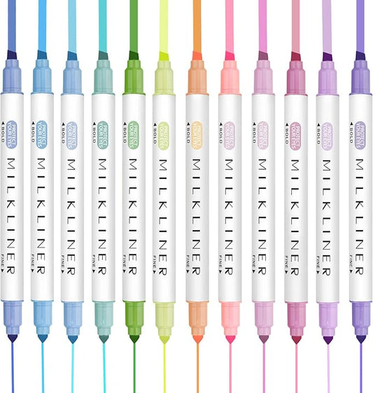 YOOUSOO 12 Pcs Aesthetic Highlighters Assorted Colors, Pastel Highlighters Set Unique Retro Color, Quick Dry Dual Tip No Bleed Highlighter Markers for School Office Bible Journals Planners Books Notes