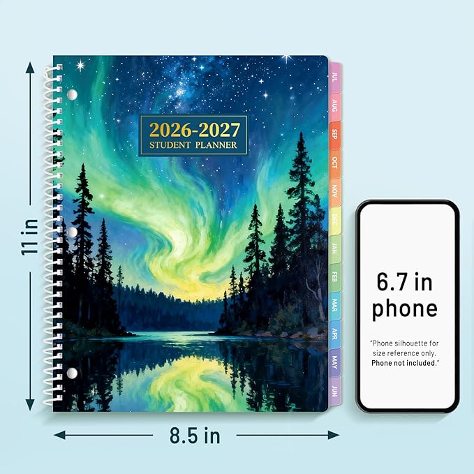 Student Planner 2026-2027, SUNEE Middle or High School Student Planner for Academic Year Jul. 2026 - Jun. 2027, 8.5"×11" Lesson Plan Book with 3-Hole Punched, Bookmark, Planning Stickers, Aurora Sky